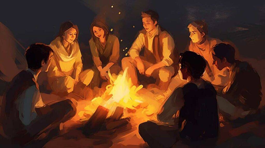 Goya ministry bonfire gathering, teens around fire, cozy atmosphere, watercolor painting
