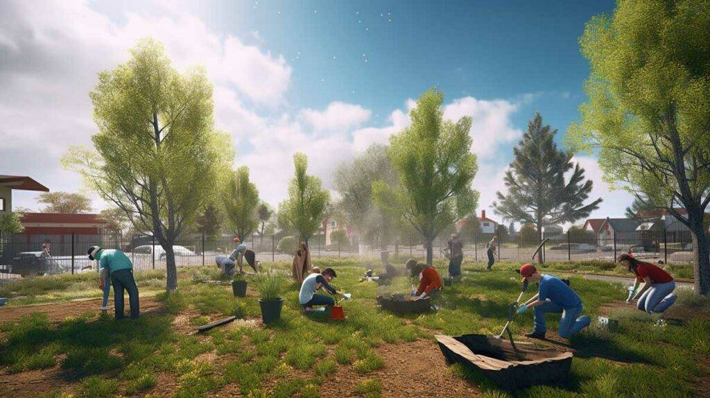 Goya ministry volunteering, teens planting trees, sunny day, unity, 3D art